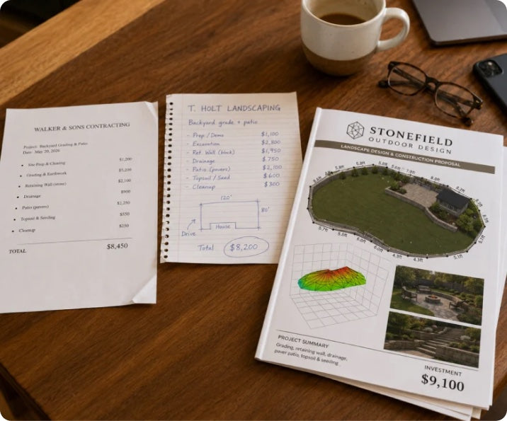 Three bids on the kitchen table, one with a drawn site plan