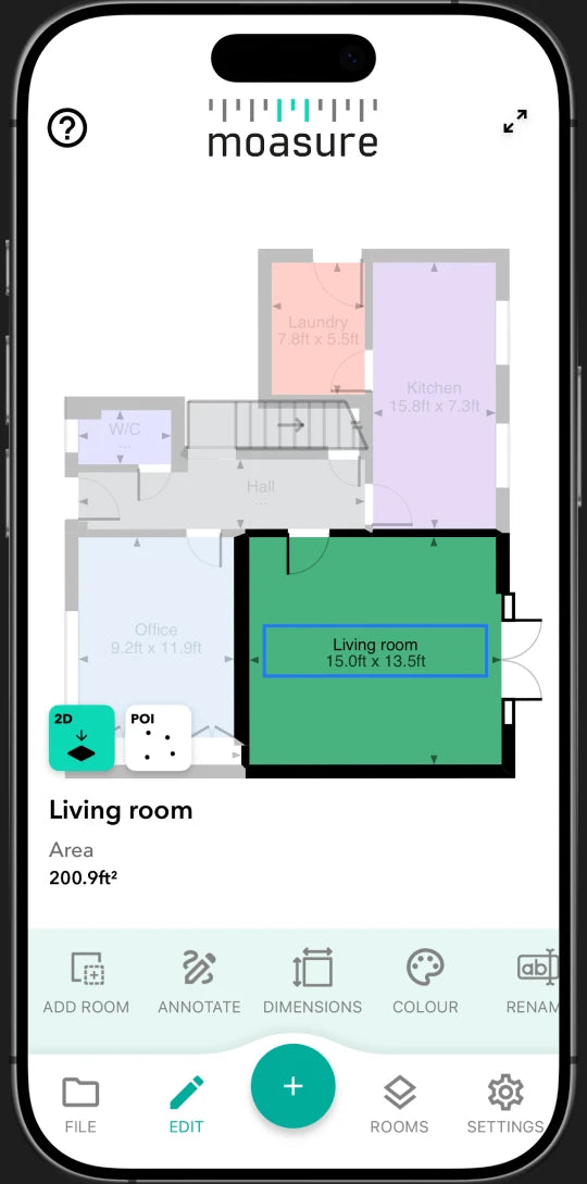 Moasure app: labelling and color-coding rooms on a floor plan