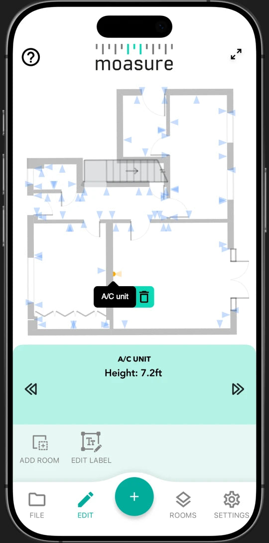 Moasure app: a labelled point of interest on a floor plan
