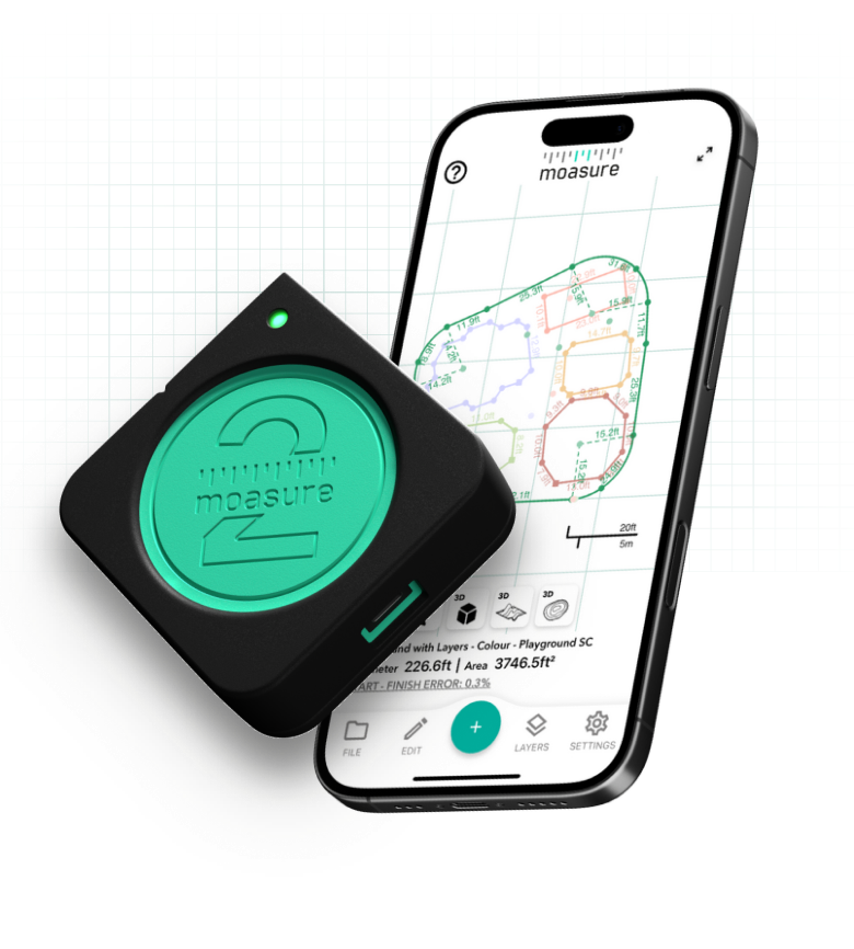 Moasure 2 PRO device and the app drawing a measured site plan