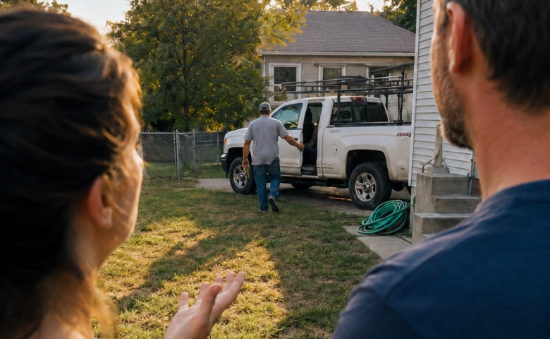 A client watching a contractor walk back to his truck after the site visit