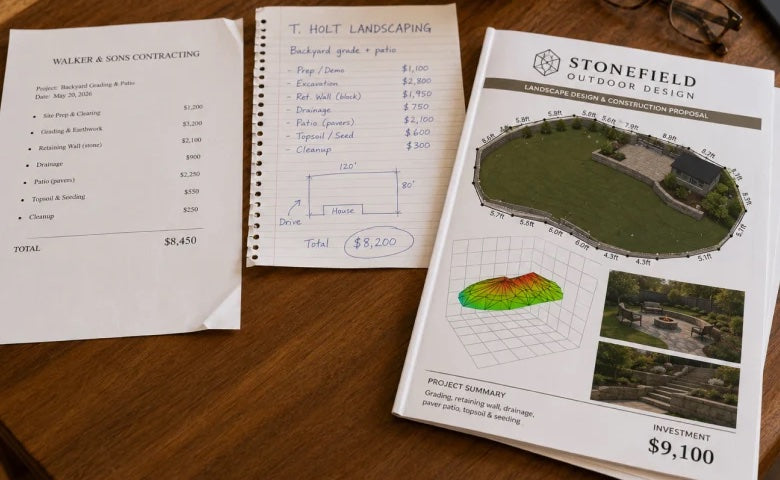 Three bids side by side on a table — two plain quotes and one with a drawn site plan