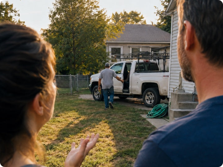 A client watching a contractor walk back to his truck after a site visit