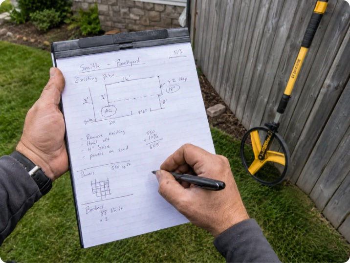 A contractor's head buried in a notepad of measurements beside a measuring wheel